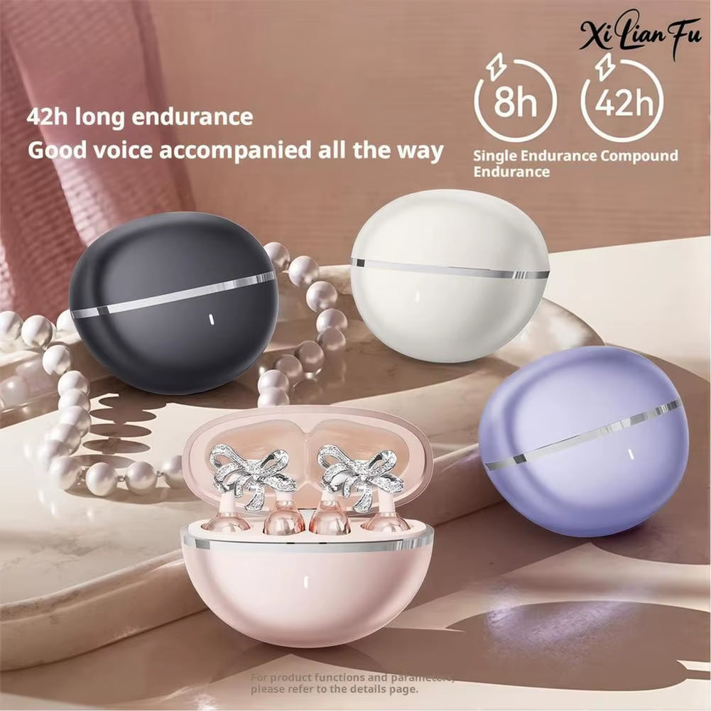 Clip-On Earbuds Wireless Bluetooth Open Ear Headphones with Detachable Crystal Bowknot Earrings, for Sports, Fitness & Workouts